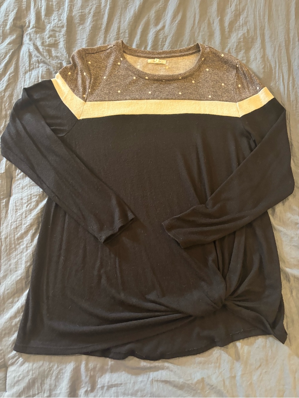 Maurices Black Long-Sleeve Knit Top with Cream Stripe and Heathered Yoke